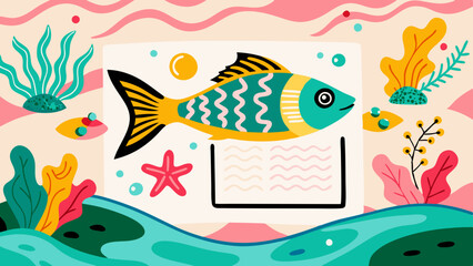 Colorful fish illustration with sea elements in a children's drawing style  