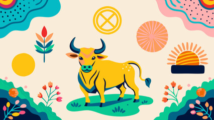 Fototapeta premium Colorful illustration of a yellow bull among floral and abstract designs, concept of children's drawing 