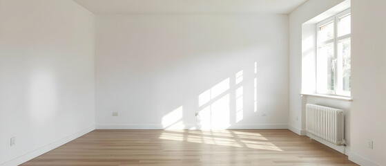 Fototapeta premium Empty white room with sunlight and clean wooden flooring Frequently used in real estate and renovation concepts.