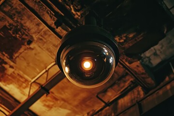 Fototapeta premium CCTV camera mounted on ceiling in a dimly lit urban space capturing activity below, Passing Dome CCTV Camera On Ceiling