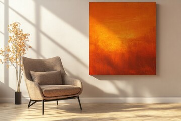Cozy interior featuring a modern armchair beside a vibrant orange abstract painting, illuminated by natural light, creating a warm and inviting atmosphere in the living space