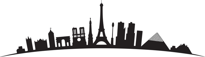 Obraz premium Panoramic silhouette of the Paris, France cityscape. A simple black and white vector graphic icon of famous French architecture, isolated on a white background.