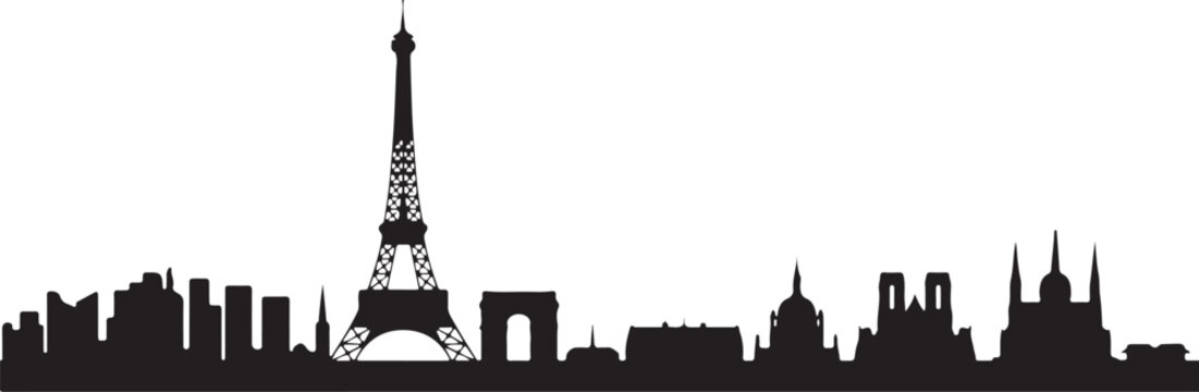 Panoramic silhouette of the Paris, France cityscape. A simple black and white vector graphic icon of famous French architecture, isolated on a white background.