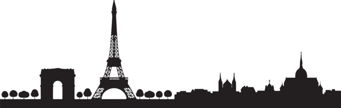 Panoramic silhouette of the Paris, France cityscape. A simple black and white vector graphic icon of famous French architecture, isolated on a white background.