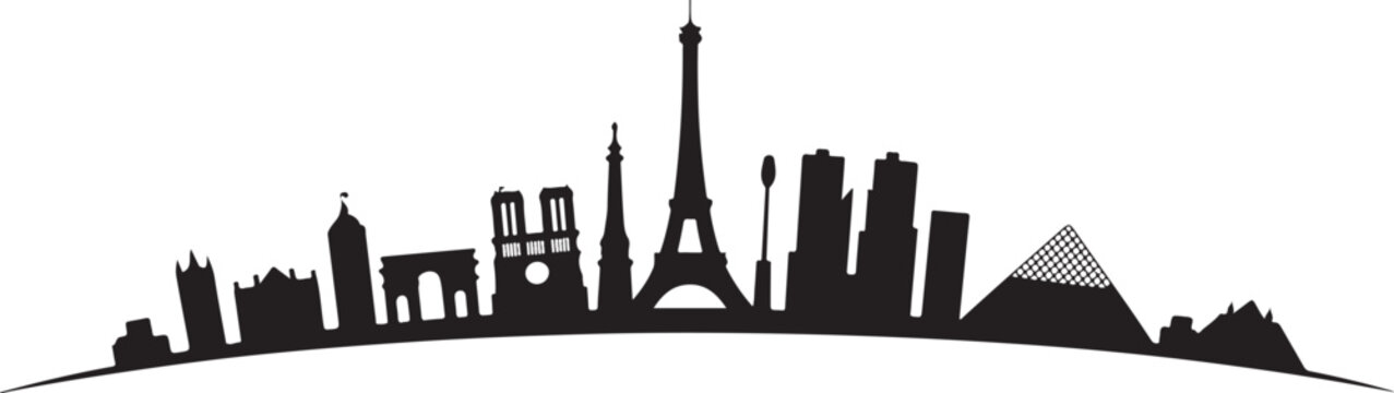 Panoramic silhouette of the Paris, France cityscape. A simple black and white vector graphic icon of famous French architecture, isolated on a white background.