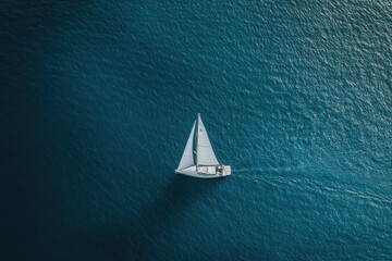 Sailboat gliding gracefully across the stunning blue sea in bright daylight, Aerial view, a white sailboat sailing in the blue sea