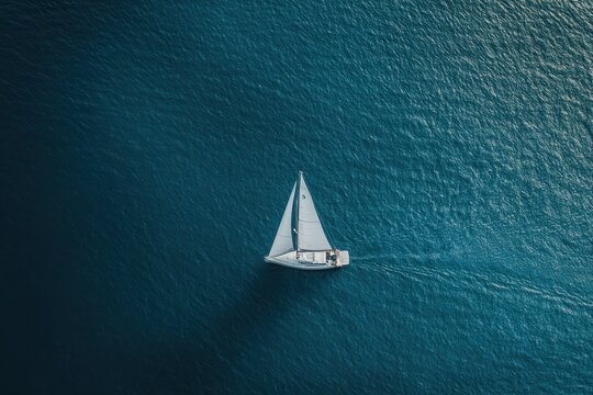 Fototapeta Sailboat gliding gracefully across the stunning blue sea in bright daylight, Aerial view, a white sailboat sailing in the blue sea