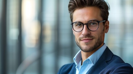 perfectly composed portrait of a businessman wearing glasses and a sleek new  blue suit, 