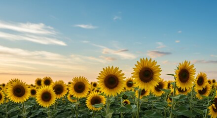 Obraz premium Vibrant Yellow Sunflowers in a Field at Sunset
