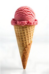 A pink ice cream cone with a single scoop on a white background.