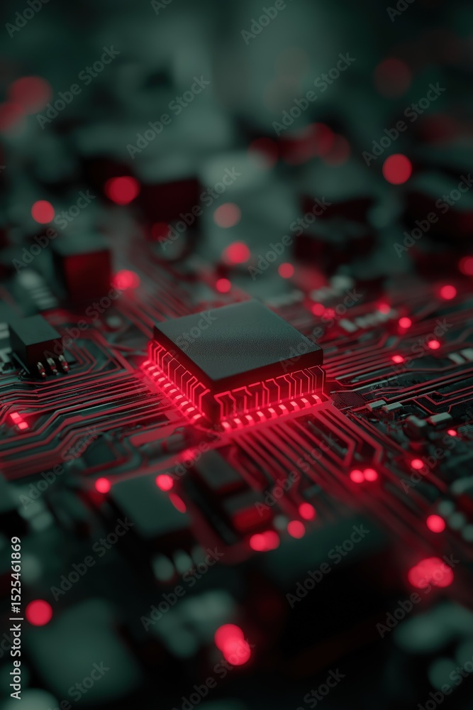 Aufkleber a close up of a computer chip with red lights. concept of technology and innovation