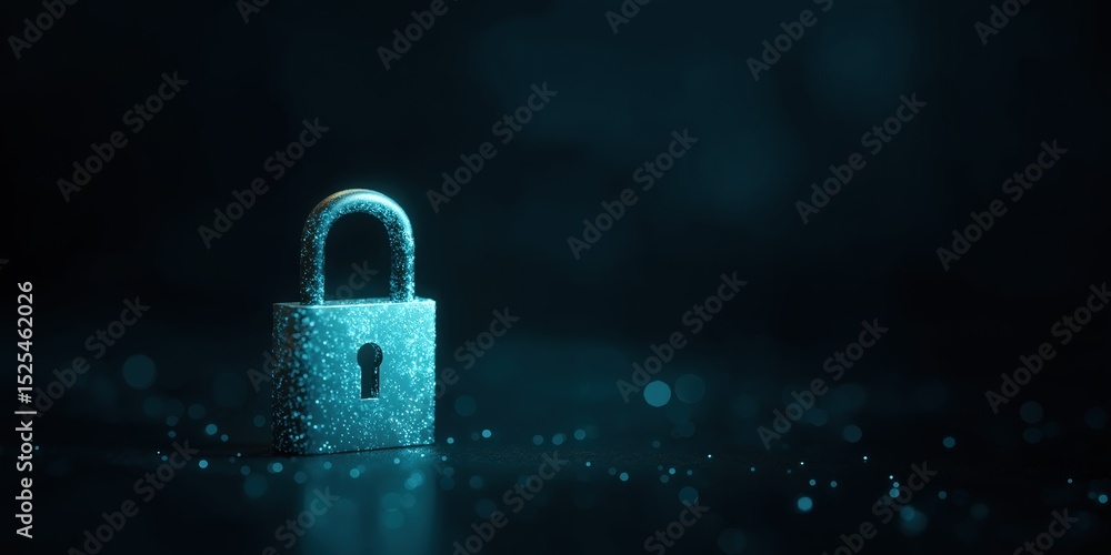 Poster a blue lock with a keyhole is shown on a dark background. the lock is surrounded by a blurry, hazy e