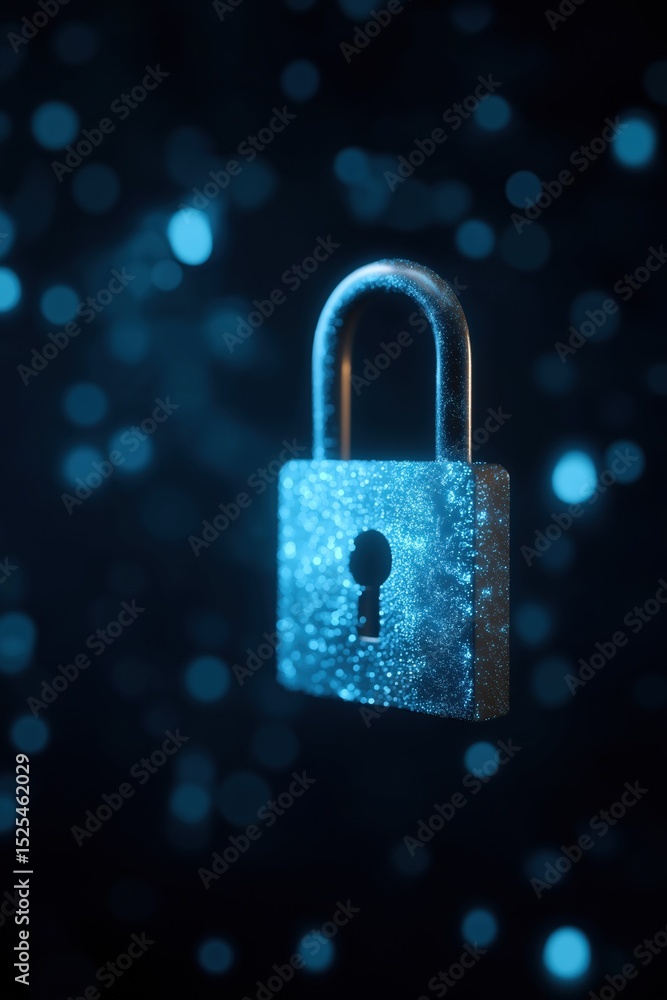 Poster a blue lock with a keyhole is floating in a blurry background. the lock is surrounded by a lot of sp