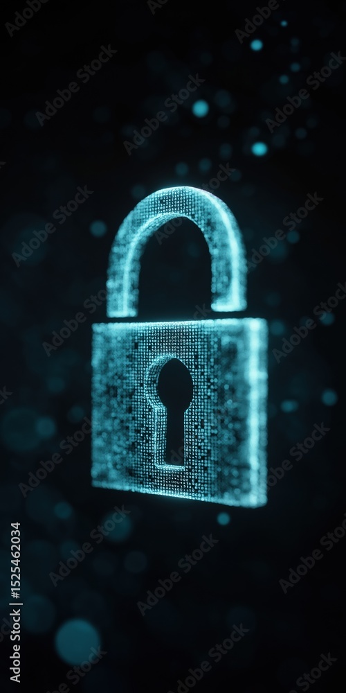 Poster a blue lock with a keyhole is shown in a blurry image. the lock is surrounded by a lot of dots, givi