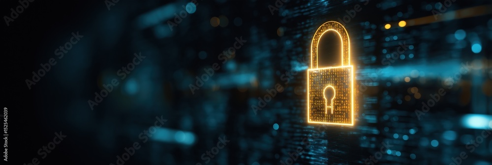 Poster a glowing lock symbol is displayed on a blue background. the lock is illuminated, giving it a sense 