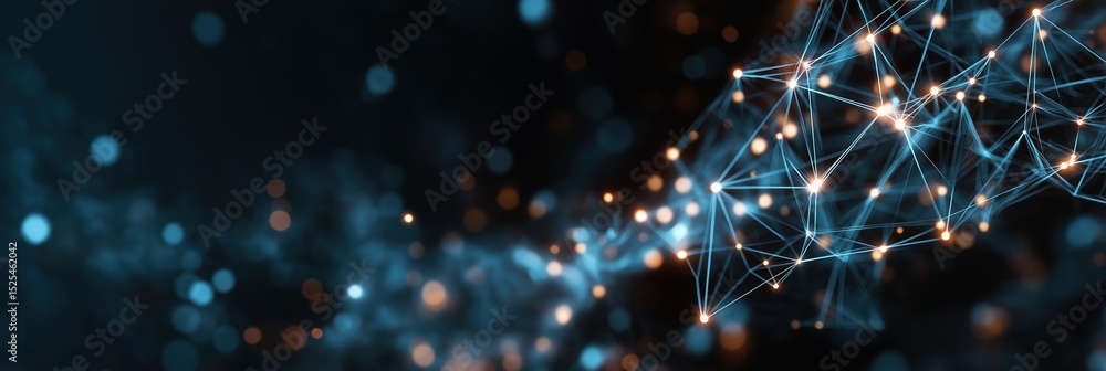 Poster a blue and orange line with many dots and lines. the image is abstract and has a futuristic feel to 