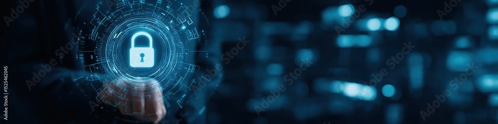 Poster a person is holding a key in front of a blue background with a lock. concept of security and protect
