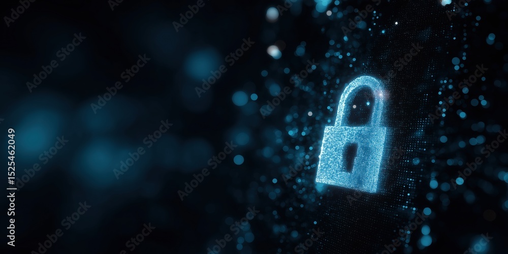 Poster a blue lock with a keyhole is displayed in a dark background. the lock is surrounded by a glowing, s