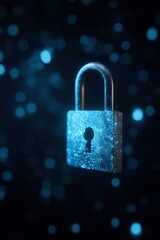 A blue lock with a keyhole is floating in a blurry background. The lock is surrounded by a lot of sparkles, giving it a futuristic and mysterious appearance