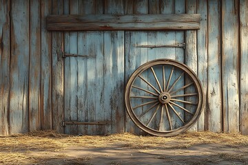 Obraz premium Wooden wagon wheel against blue wall high resolution picture