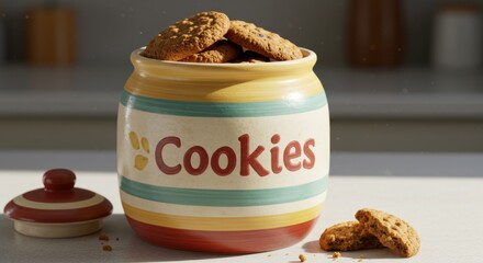 Oatmeal Cookies in Striped Ceramic Jar on Kitchen Counter