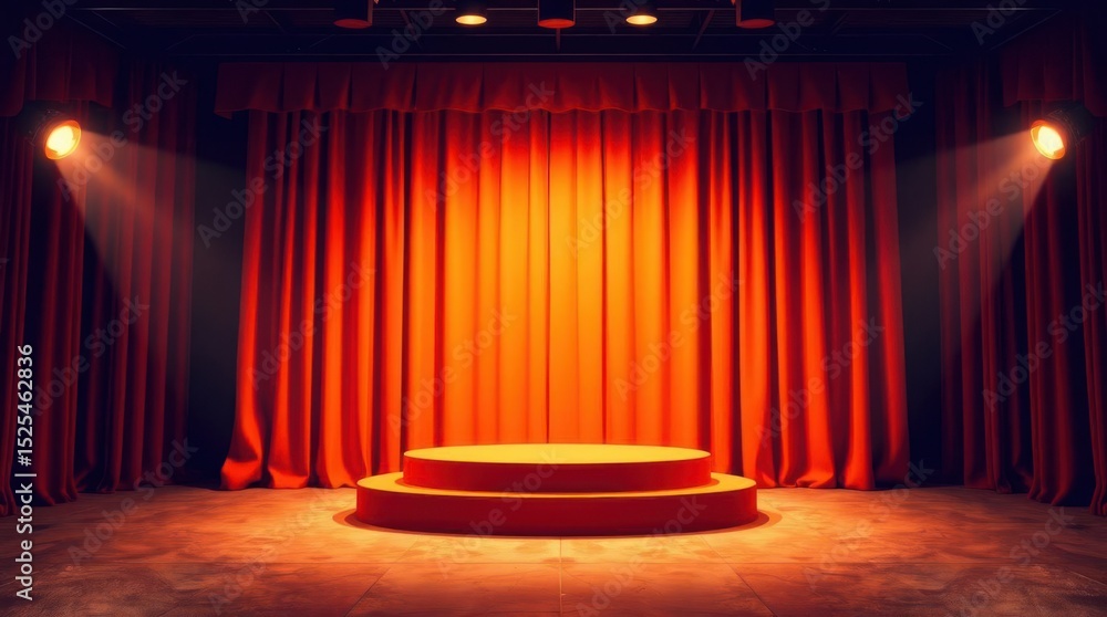 Poster empty stage with red curtains and bright spotlights, ready for a performance or presentation.