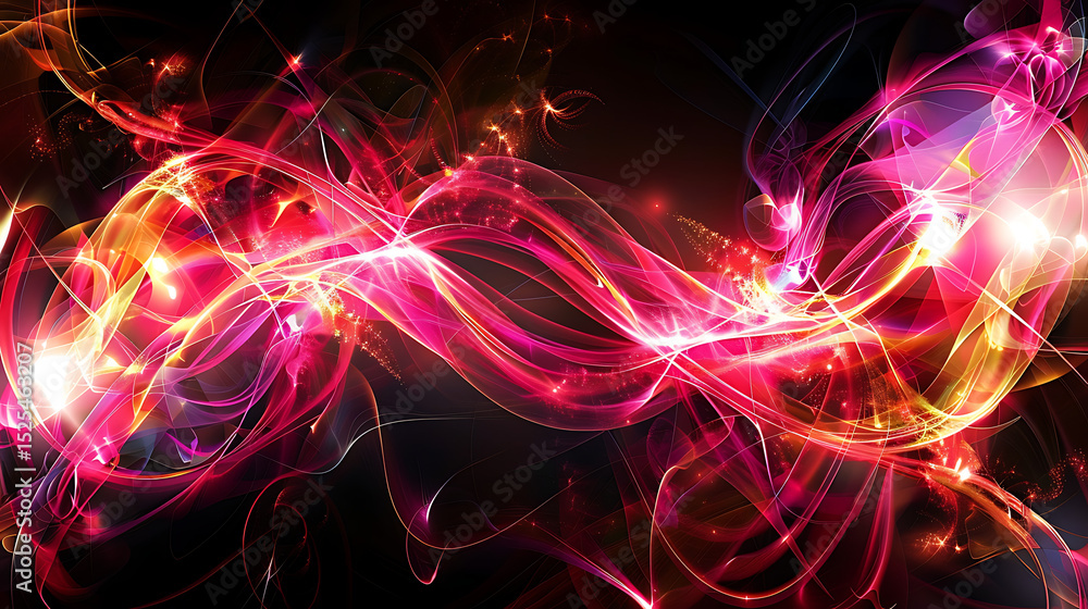Poster a vibrant abstract background featuring glowing pink and red light streaks swirling dynamically agai