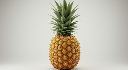 Ripe Yellow Pineapple with Green Spiky Leaves on White Background