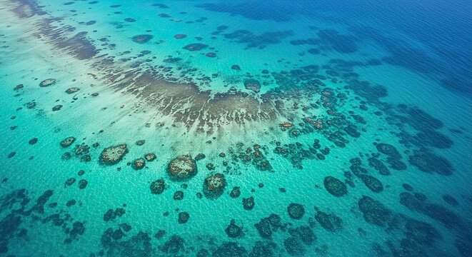 Aerial view of a vibrant turquoise ocean with coral reefs and clear blue water
