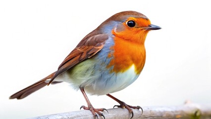 Robin bird on white background with a branch, a small redbreast songbird of nature and wildlife