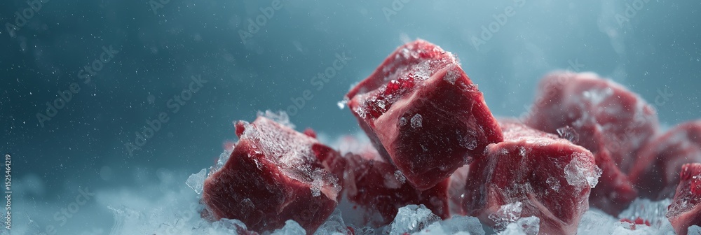 Poster a close up of a pile of frozen meat. the meat is red and he is in a block form. the image has a cold