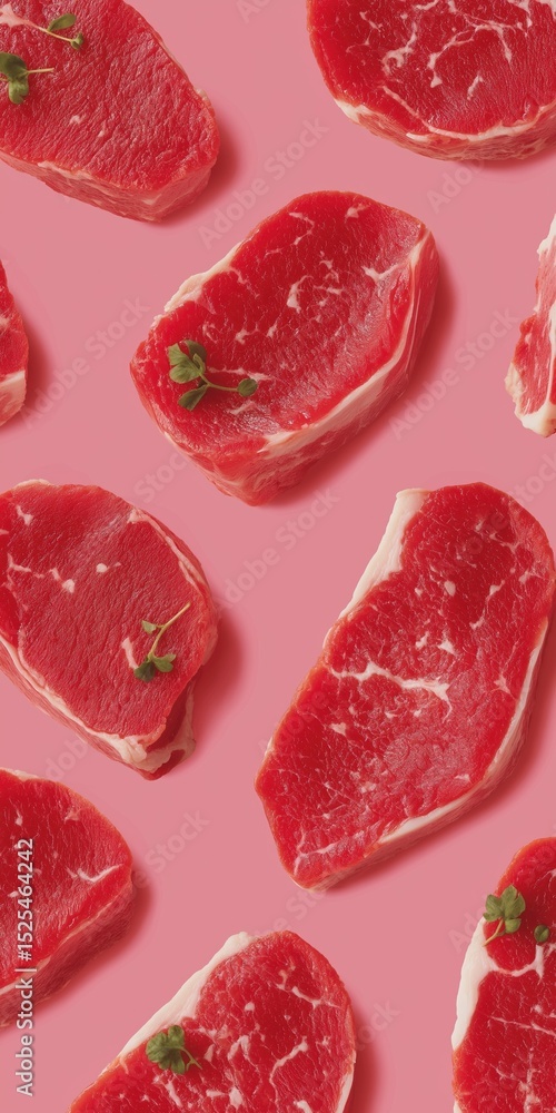 Poster a close up of a bunch of red meat with parsley on top. the meat is arranged in a pattern, with some 