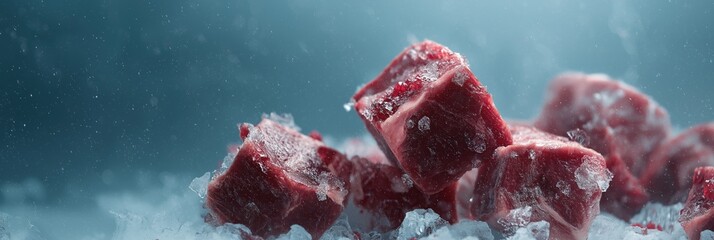 A close up of a pile of frozen meat. The meat is red and he is in a block form. The image has a cold and icy feel to it, which is fitting for the frozen meat