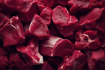 A close up of a pile of red meat. The meat is cut into small pieces and he is fresh. Concept of abundance and indulgence, as the meat is piled high and ready to be consumed