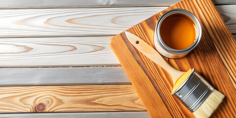Orange paint can on white background, top view, among boards, paint brush lies nearby, studio shot, shot for paint advertising