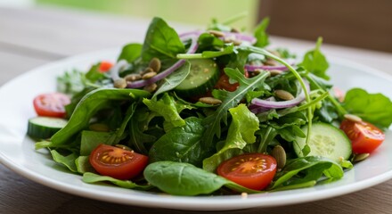 Fresh Green Salad with Tomatoes, Cucumbers and Pumpkin Seeds