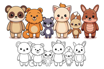 Obraz premium Cute Baby Animals Eight Adorable Creatures Standing in a Row Illustration Design
