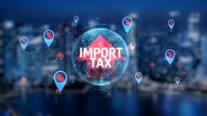 Conceptual visualization of import tax and tariffs in a modern city with digital overlay indicating tax percentages and global trade implications.. Consignment.
