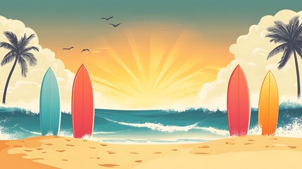 A flat vector illustration of colorful surfboards standing upright in the sand, lined up against a backdrop of ocean waves and a bright sunny sky with palm trees swaying.