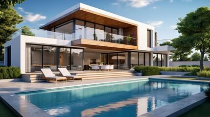 Obraz premium A photo of a modern house with a backyard pool