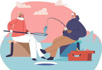 Family couple enjoying winter fishing