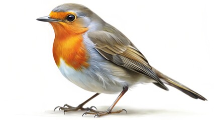 An isolated wild robin with a red breast and beak perched on a branch, showcasing its beautiful feathers against a white background