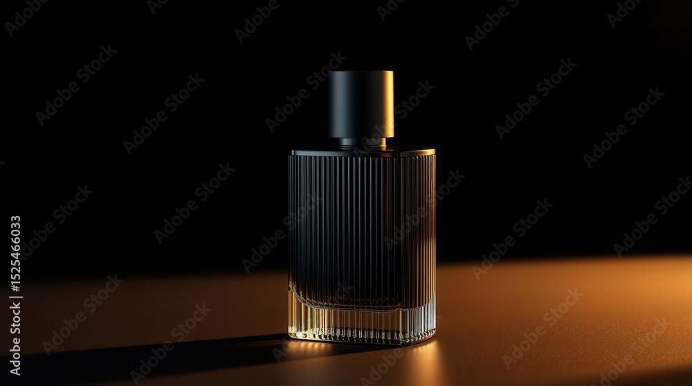 Poster elegant dark flacon, sleek design with vertical lines, against a blurred background with soft lighti
