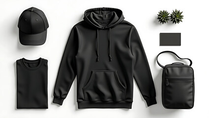 Create a realistic mockup of a design template. Dark Black. Classic stationery template. Hoodie, T-shirt, Hat, Cap, Travel bag, Business card, isolated on a plain white background.