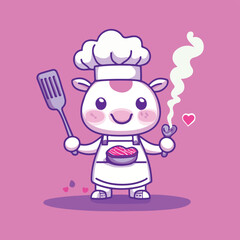 Cute Cow Chef Cartoon Character Cooking with Love Holding Spatula and Heart Skewer on a Pink Background Vector Illustration