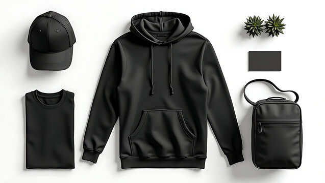 Create a realistic mockup of a design template. Dark Black. Classic stationery template. Hoodie, T-shirt, Hat, Cap, Travel bag, Business card, isolated on a plain white background.