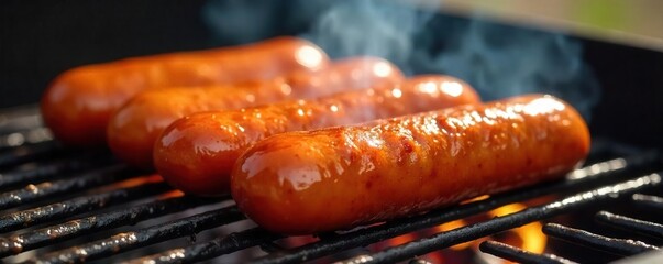 A close-up shot of several juicy hot dogs sizzling on a grill, glistening with oil and ready to be served The image emphasizes texture and appetizing qualities , hot dog, outdoor