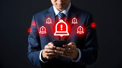 Businessman checking alerts and notifications on a mobile phone showing urgent information