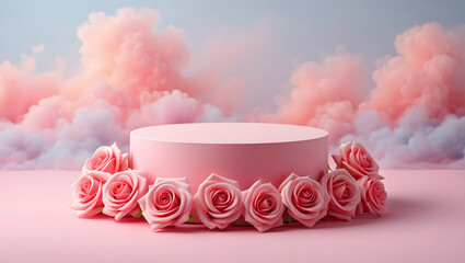 Elegant pink stage surrounded by roses in a dreamy cloudscape composition
