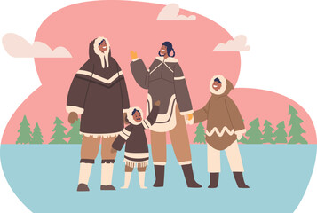 Happy Eskimo parents and children